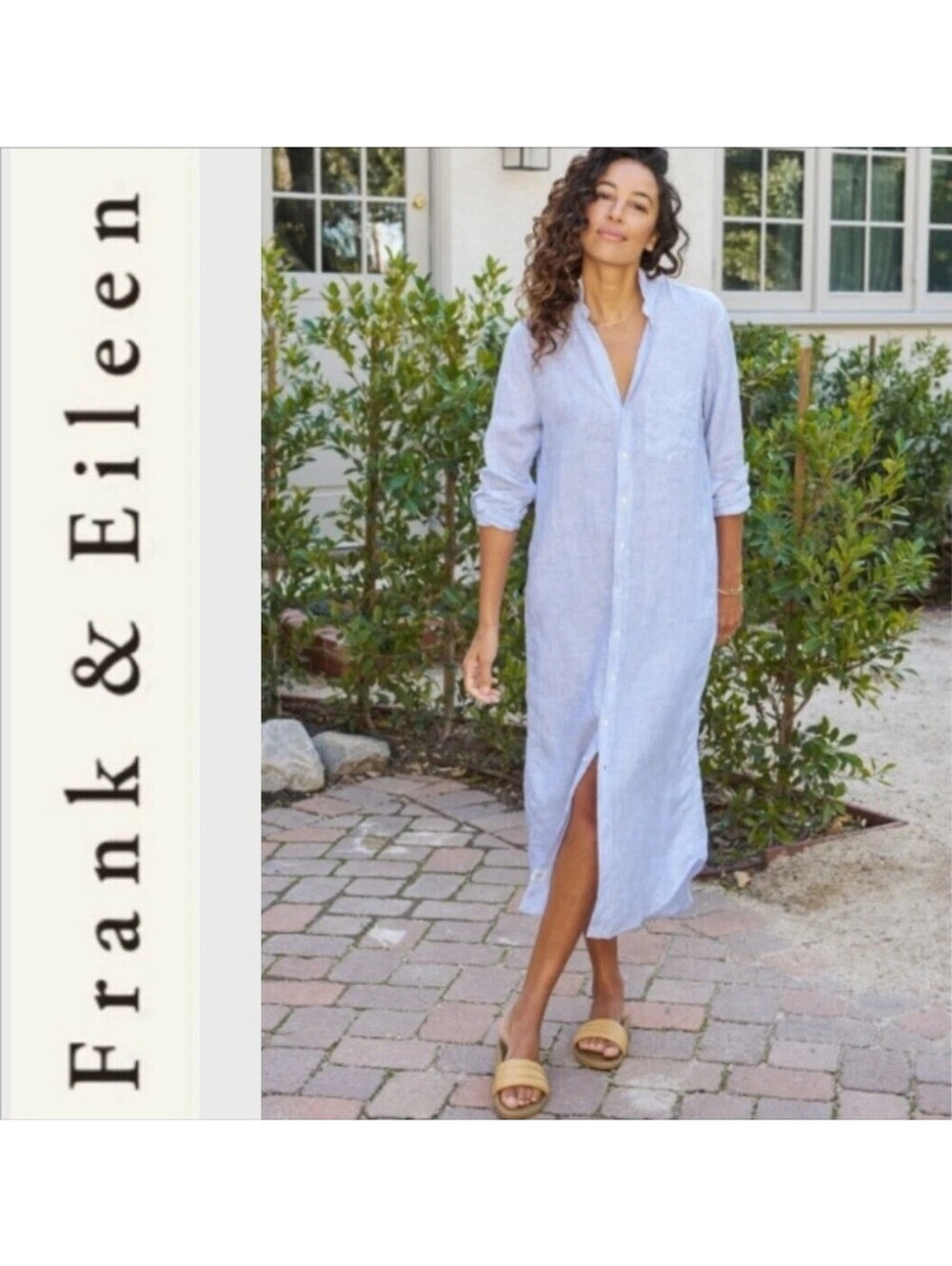 NWOT FRANK & EILEEN Rory Linen Maxi Soft Blue Dress Shirt Long Sleeve Button L